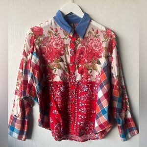 Aratta Silent Journey Tunic Button Up Shirt Blue Green Floral Plaid Mixed S